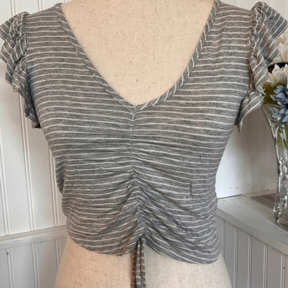 Striped Gray Butterfly Cut Short Sleeve Top